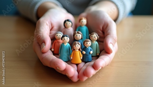 Manos que ofrecen figuras familiares hechas de arcilla, metáfora creativa de la atención médica, rehabilitación de discapacitados, presencia voluntaria, entorno de residencia de ancianos, protección 