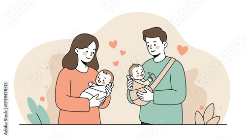 Happy Parents With Newborn Babies Celebrating Loving Family Moments