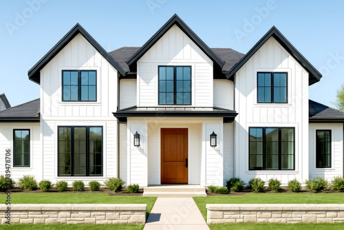 Modern farmhouse exterior with white siding and black trim. Two-story white house with a symmetrical design. Architectural exterior of a luxury suburban residence