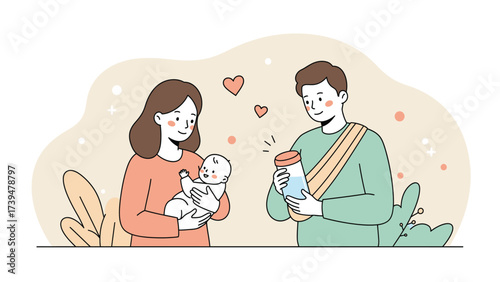 Parenthood Joy: Happy Parents with Newborn Baby and Feeding Bottle