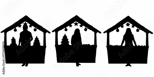 Festive holiday market silhouette with people, Christmas trees, stars, and lights, creating a joyful and inviting atmosphere for seasonal celebrations
