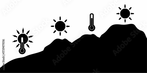 Rising temperatures over rugged mountain peaks, a visual metaphor for global warming and climate change, showing rising heat and the sun's power