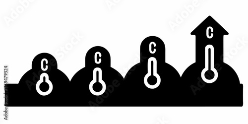 Rising temperature chart showcasing Celsius scale, indicating increasing warmth and climate change awareness with thermometers and clear letter C markers