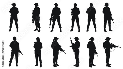 Female Military Personnel Silhouettes - Diverse Poses with Rifles and Tactical Gear