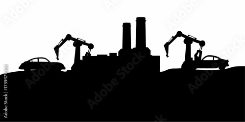 Automated car factory with robot arms working on classic vehicles in silhouette, showcasing manufacturing and automotive industry innovation