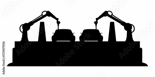 Modern automotive manufacturing silhouette showcases advanced robotic assembly for streamlined vehicle production in a futuristic industrial setting, automation
