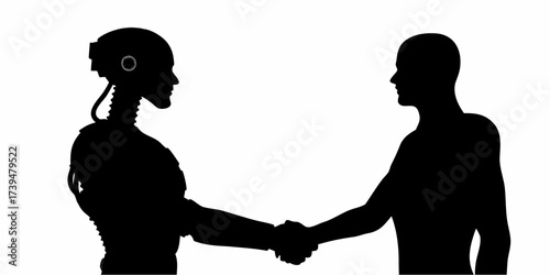 Futuristic handshake between human and robot symbolizing collaboration, innovation, technology, and the future of artificial intelligence in business and society