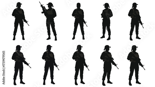 Female Soldier Silhouettes Collection: Diverse Poses Of Military Women With Rifles
