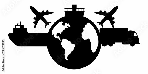 Global logistics network connecting continents with shipping, air freight, and trucking for worldwide trade and supply chain solutions, a transport hub