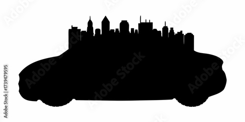 Dramatic city skyline rests stylishly on the silhouette of a car, embodying urban mobility and modern transportation, a unique statement about city life