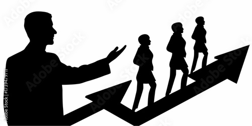 Inspiring business growth concept with team climbing arrows to success, guided by a leader towards progress and achievement in a competitive market