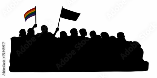 Passionate crowd silhouette raises LGBTQ+ pride rainbow flag and black flag in protest, symbolizing unity, solidarity, and visibility at a rally