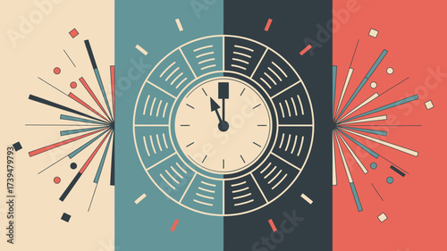 Clock striking midnight with colorful burst patterns on a segmented background in a flat vector style