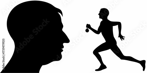 Achieving goals and overcoming obstacles, a determined runner winning a medal contrasted with a thoughtful leader contemplating challenges ahead in silhouette