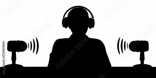 Podcast recording session featuring a person with headphones, perfect for creatives needing audio or media production content, streaming, broadcasting, radio shows.