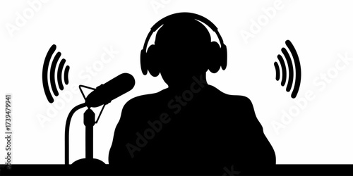 Podcast recording in progress, a silhouette with headphones speaks into a microphone, broadcasting with crystal clear audio, for entertainment or news