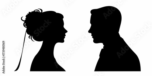 Elegant silhouette of bride and groom in profile, a timeless symbol of love and commitment perfect for wedding invitations or anniversary celebrations