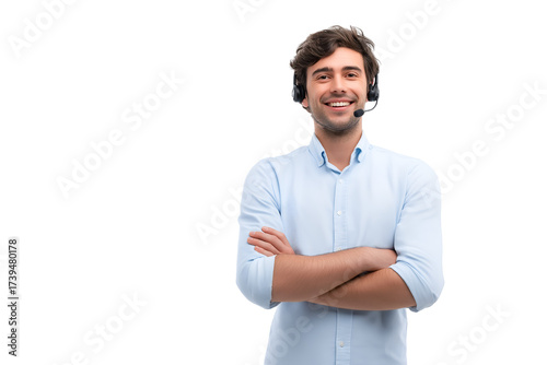 Confident smiling man wearing headset ready to assist, professional call center agent helping customers