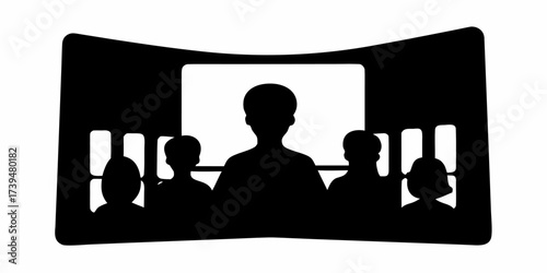 Dynamic presentation scene with silhouetted figures, perfect for illustrating meetings, seminars, and corporate events, showcasing collaboration and teamwork