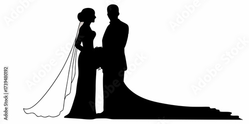 Elegant wedding silhouette of bride and groom, symbolizing love and commitment, perfect for wedding invitations, announcements, and romantic designs