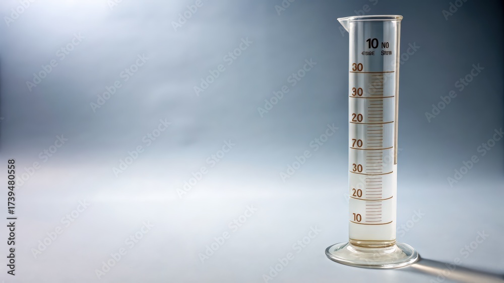 Naklejka premium Clear measuring cylinder with graduated scale and liquid against soft background