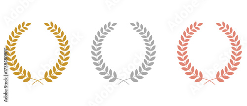 Greek olive branch award, winner round emblem. Set of circular foliate laurels branches. Set of Silver gold and bronze silhouette circular laurel foliate,  Laurel wreath. Vector illustration.