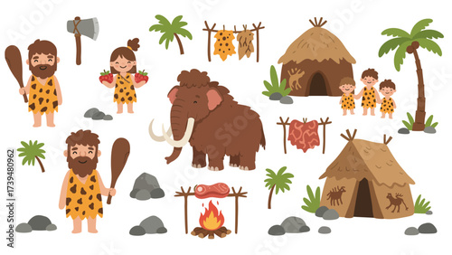 Cute Cartoon Prehistoric Caveman Life Elements Set