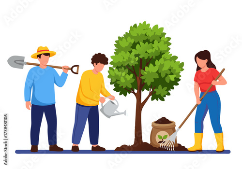 Vibrant illustration of dedicated individuals collaborating to plant and nurture a young tree, symbolizing environmental conservation, sustainability, and community action for a greener future