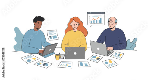 Team collaborating on a business project, analyzing data and reports around a table with laptops