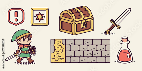 Cartoon Video Game Illustration Featuring a Hero Character, Treasure Chest, Sword, Potion, and Brick Wall With Cracks