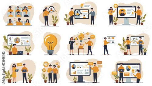 Modern Business Concepts Digital Illustration Set for Collaboration and Innovation