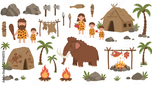Stone Age Life Vector Set: Prehistoric Cavemen, Mammoth, Tools, and Huts Illustration