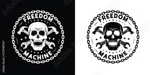 Freedom machine skull emblem with wrenches and chain, black and white grunge design, isolated on white background