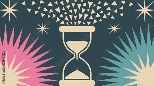 Hourglass with triangles and stars on a dark background with pink and blue burst shapes around it