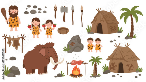 Cute Prehistoric Stone Age Life Vector Set: Cartoon Cave People, Woolly Mammoth, Huts, and Primitive Tools