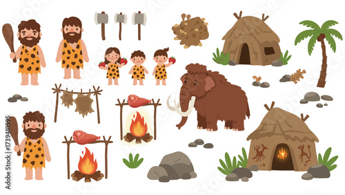 Prehistoric Stone Age Life: Caveman Family, Mammoth, Huts, and Tools Collection
