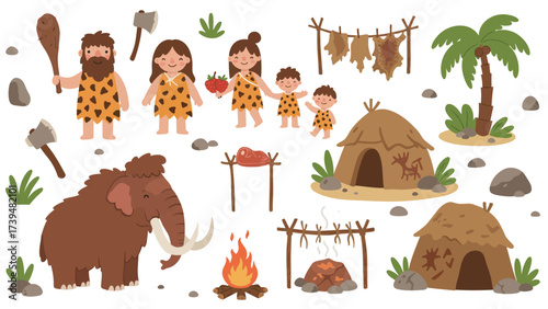 Cute Prehistoric Stone Age Life Elements Set with Cartoon Cavemen, Mammoth, and Primitive Huts