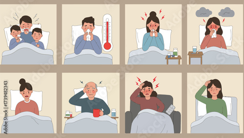 Illustrative Grid of People Experiencing Common Illnesses: Colds, Flu, Fever, and Headaches