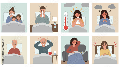 Collection Of Illness Symptoms: People Suffering From Colds, Flu, Headaches, And Fever In Bed