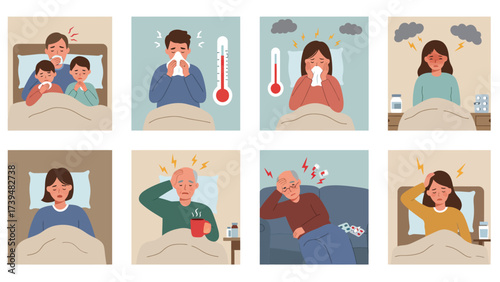 Common Illness Symptoms Collection: People Suffering from Colds, Flu, Headaches, and Fever