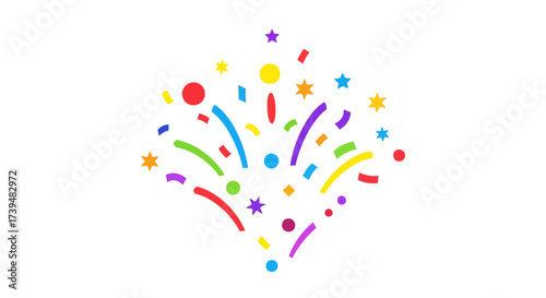 Celebration burst of colorful confetti and stars against a clean white backdrop for festivity