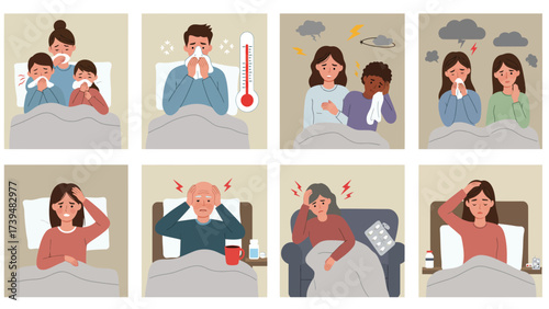 People Suffering From Illnesses, Cold, Flu And Headache Symptoms While Resting In Bed