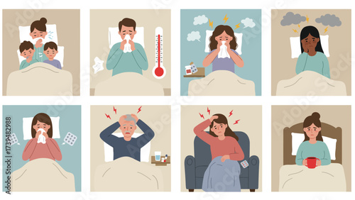 Set of People Suffering from Various Illnesses and Sickness Symptoms