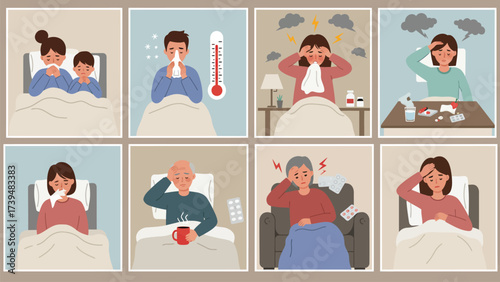 People Suffering From Various Illness Symptoms: Cold, Flu, Fever, Headache, And Sickness
