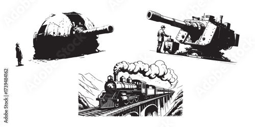 Vintage train crossing bridge and military artillery locomotive steam