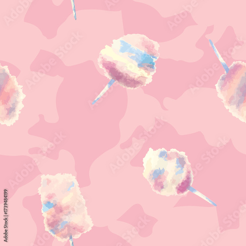 Vector seamless pattern. Pink sweet cotton candy on a stick. Airy sweets. Sugar flavor. Cotton candy, like a pink tree. Perfect for projects like wallpaper, apparell, backgrounds and scrapbooking.