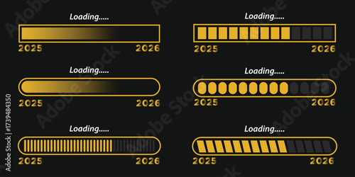 Golden loading bar 2025 to 2026 on black background. Loading bar set New year concept. Vector illustration.