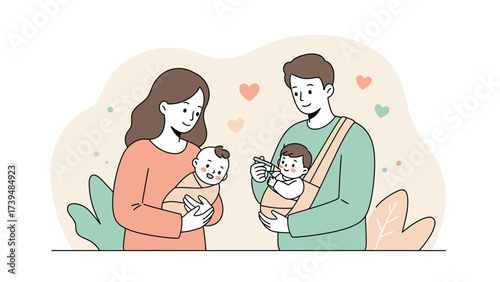 Happy Parents Caring for Their Twin Babies with Love and Joy