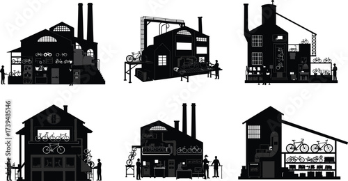 Bicycle industry vector set, factory manufacturing, assembly line, warehouse storage, repair shop, retail showroom, industrial production and maintenance illustration collection