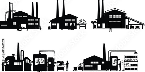 Bicycle manufacturing process vector set, industrial factory silhouettes with workers, conveyor belts, cycle shop, assembly line, production and distribution illustration collection
